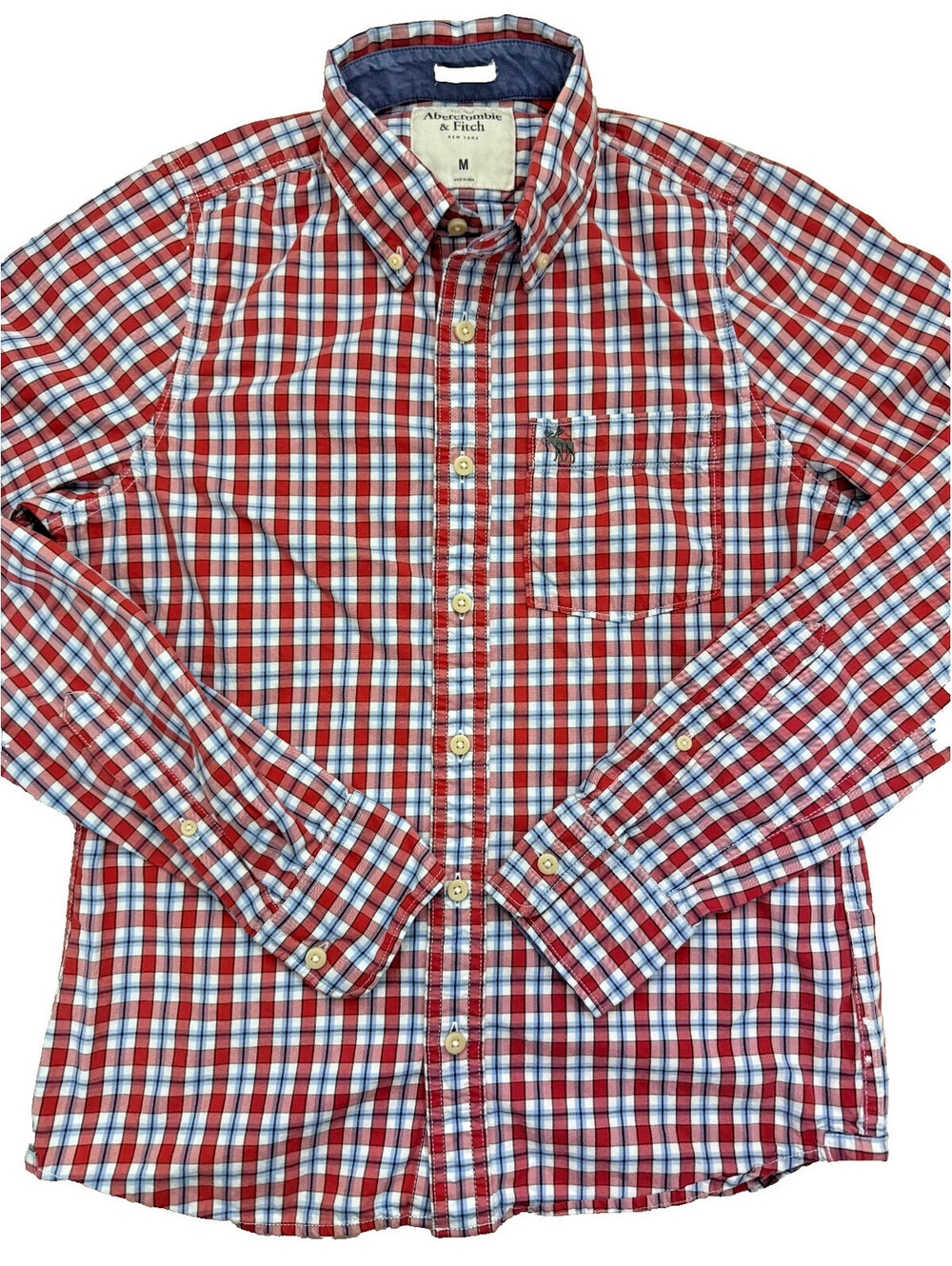 Abercrombie & Fitch Men's Long Sleeve Shirt Med Red/White/Blue Plaid Muscle Fit